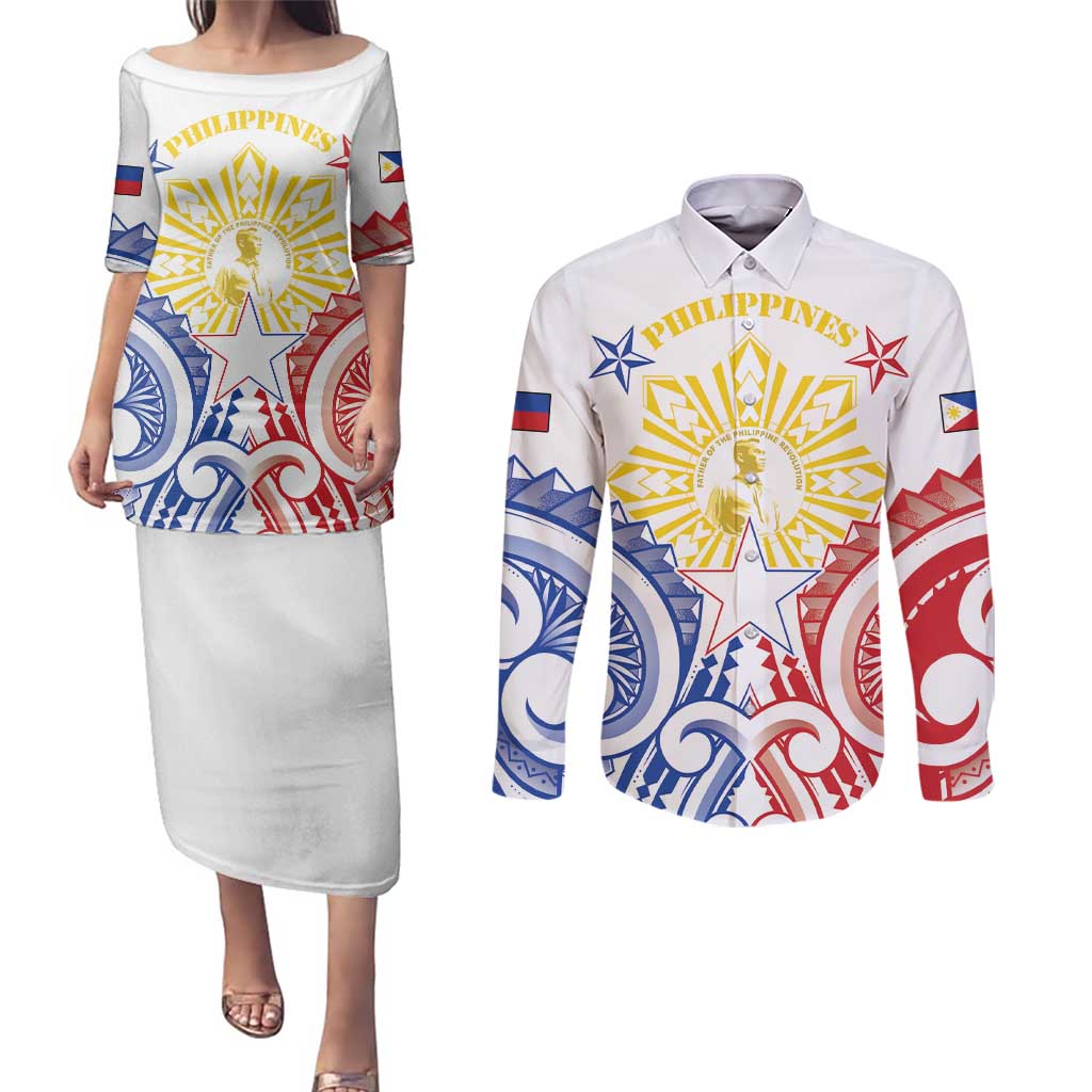 Philippines Couples Matching Puletasi and Long Sleeve Button Shirt Katipunan Andres Bonifacio LT05 White - Polynesian Pride