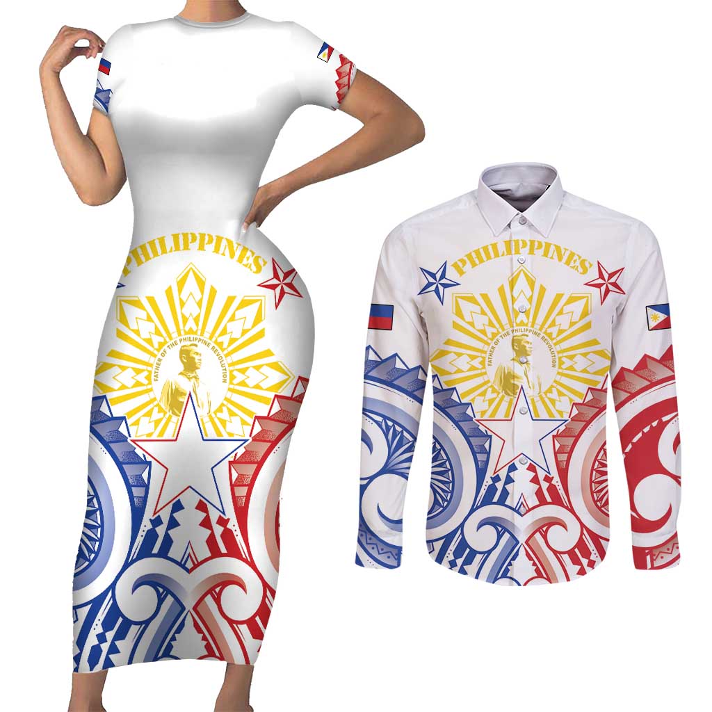 Philippines Couples Matching Short Sleeve Bodycon Dress and Long Sleeve Button Shirt Katipunan Andres Bonifacio LT05 White - Polynesian Pride