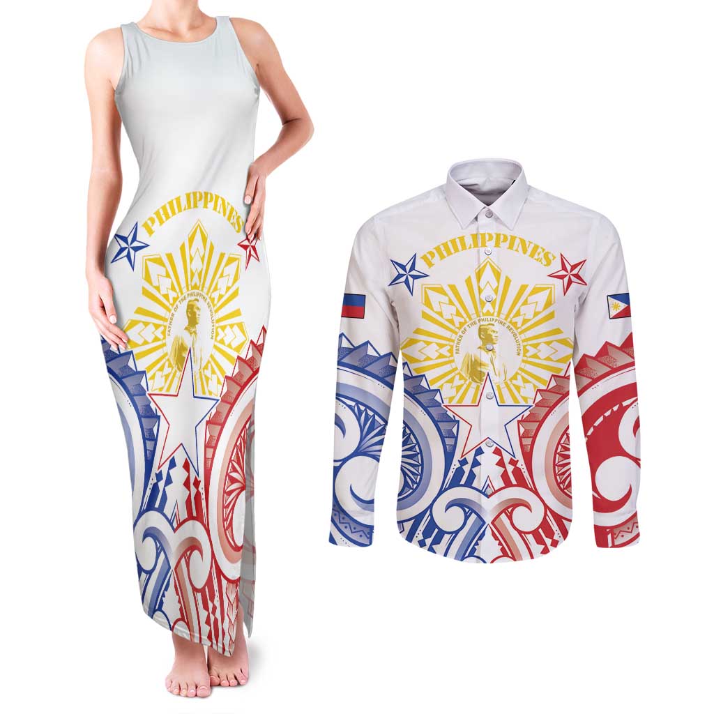 Philippines Couples Matching Tank Maxi Dress and Long Sleeve Button Shirt Katipunan Andres Bonifacio LT05 White - Polynesian Pride