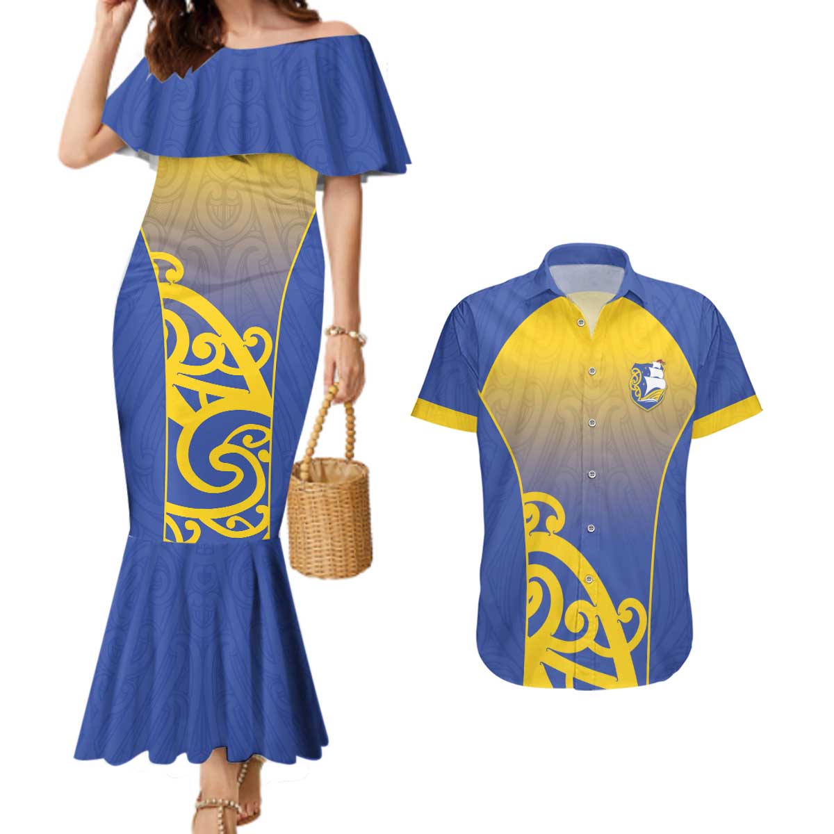 Custom James Cook High School Couples Matching Mermaid Dress and Hawaiian Shirt Maori Koru Pattern LT05 Blue - Polynesian Pride