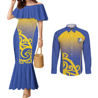Custom James Cook High School Couples Matching Mermaid Dress and Long Sleeve Button Shirt Maori Koru Pattern LT05 Blue - Polynesian Pride