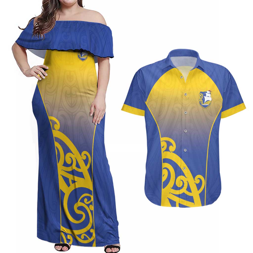 Custom James Cook High School Couples Matching Off Shoulder Maxi Dress and Hawaiian Shirt Maori Koru Pattern
