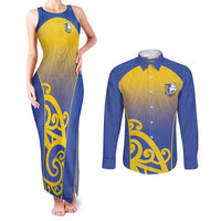 Custom James Cook High School Couples Matching Tank Maxi Dress and Long Sleeve Button Shirt Maori Koru Pattern LT05 Blue - Polynesian Pride