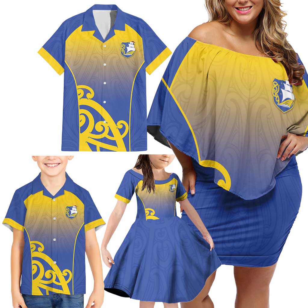 Custom James Cook High School Family Matching Off Shoulder Short Dress and Hawaiian Shirt Maori Koru Pattern