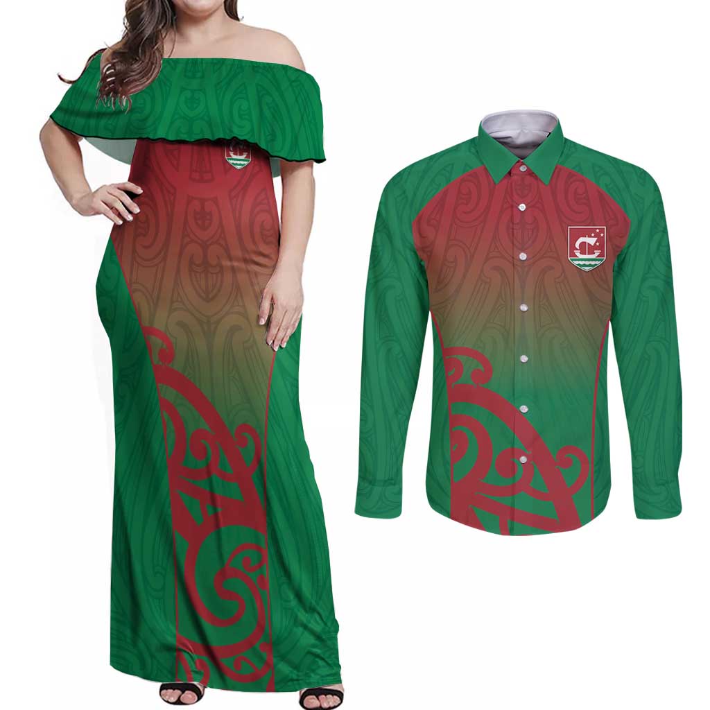 Custom Onehunga High School Couples Matching Off Shoulder Maxi Dress and Long Sleeve Button Shirt Maori Koru Pattern