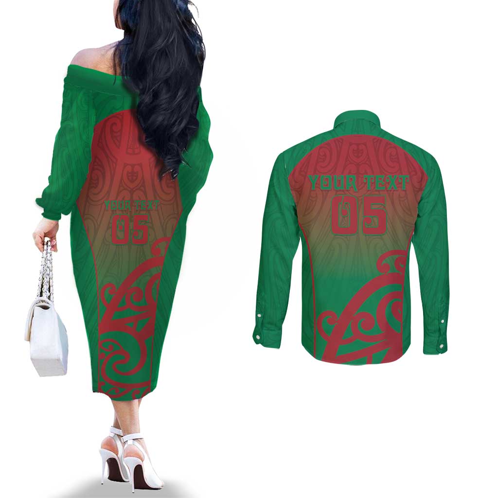 Custom Onehunga High School Couples Matching Off The Shoulder Long Sleeve Dress and Long Sleeve Button Shirt Maori Koru Pattern LT05 - Polynesian Pride