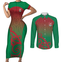 Custom Onehunga High School Couples Matching Short Sleeve Bodycon Dress and Long Sleeve Button Shirt Maori Koru Pattern LT05 Green - Polynesian Pride