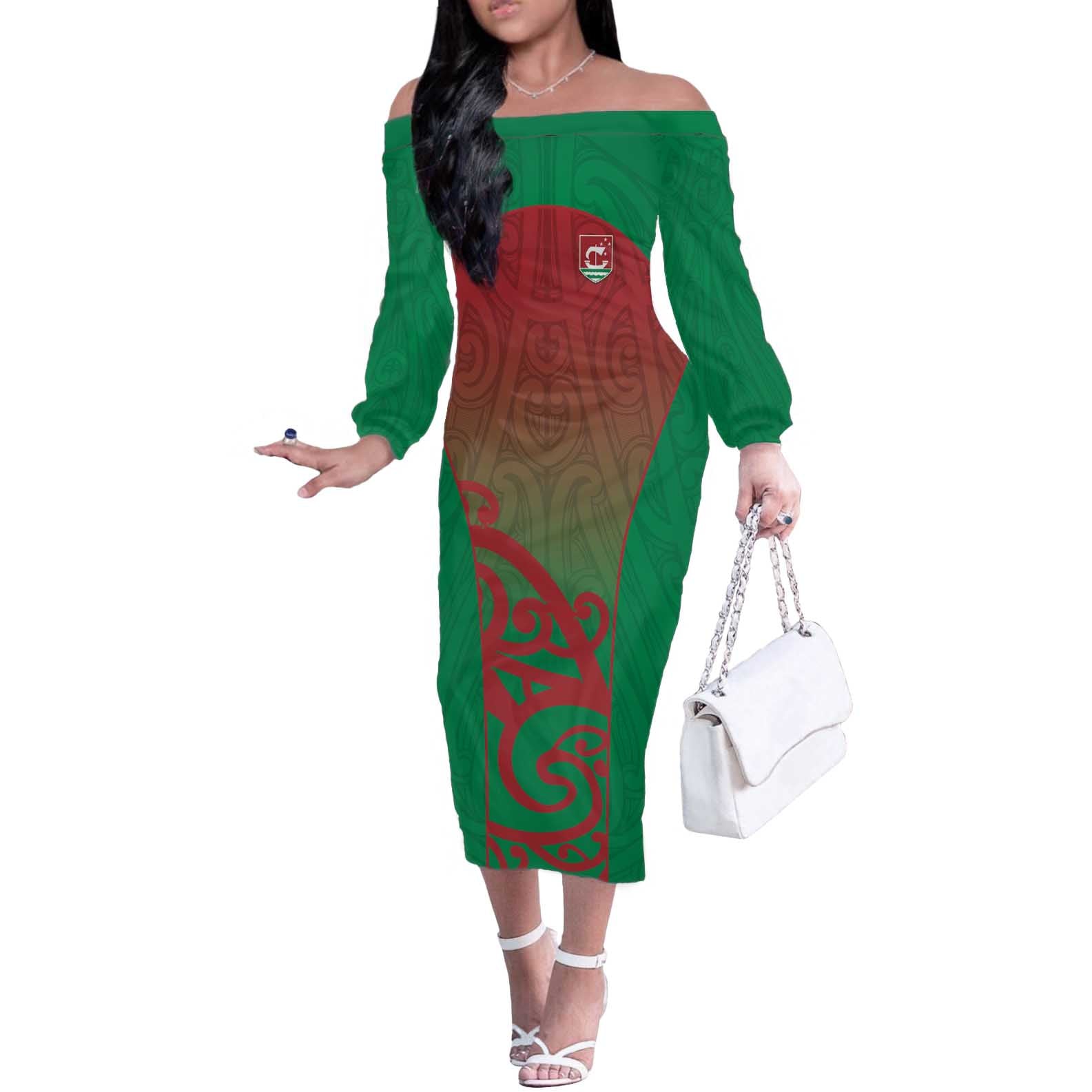 Custom Onehunga High School Off The Shoulder Long Sleeve Dress Maori Koru Pattern