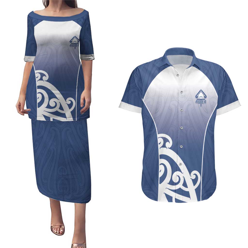 Custom New Zealand Aotea College Couples Matching Puletasi and Hawaiian Shirt Maori Koru Pattern LT05 Blue - Polynesian Pride