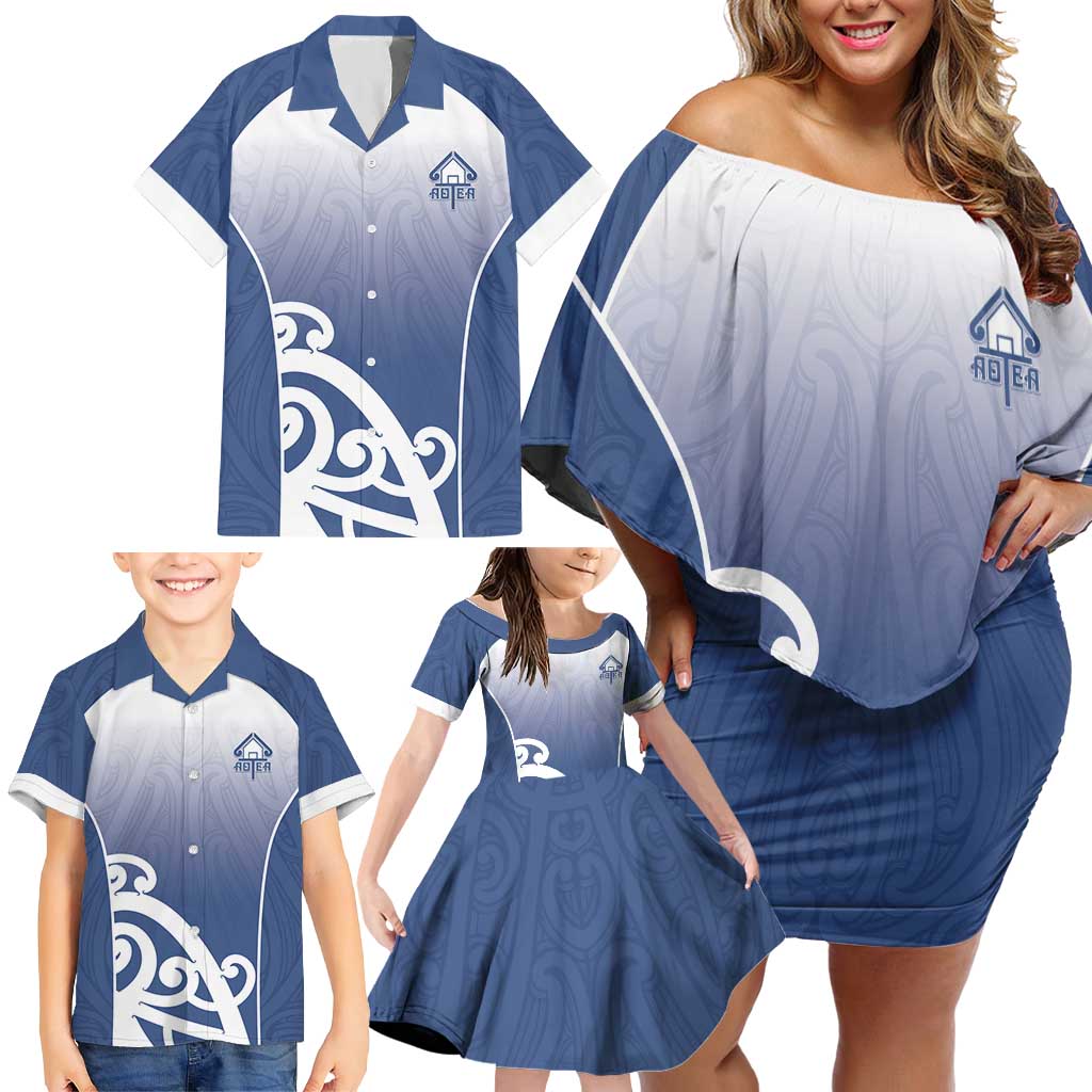 Custom New Zealand Aotea College Family Matching Off Shoulder Short Dress and Hawaiian Shirt Maori Koru Pattern