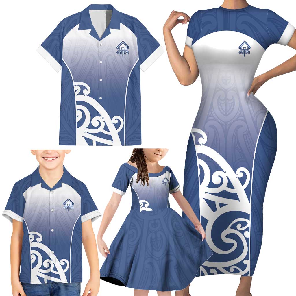 Custom New Zealand Aotea College Family Matching Short Sleeve Bodycon Dress and Hawaiian Shirt Maori Koru Pattern