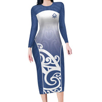 Custom New Zealand Aotea College Long Sleeve Bodycon Dress Maori Koru Pattern LT05 Long Dress Blue - Polynesian Pride