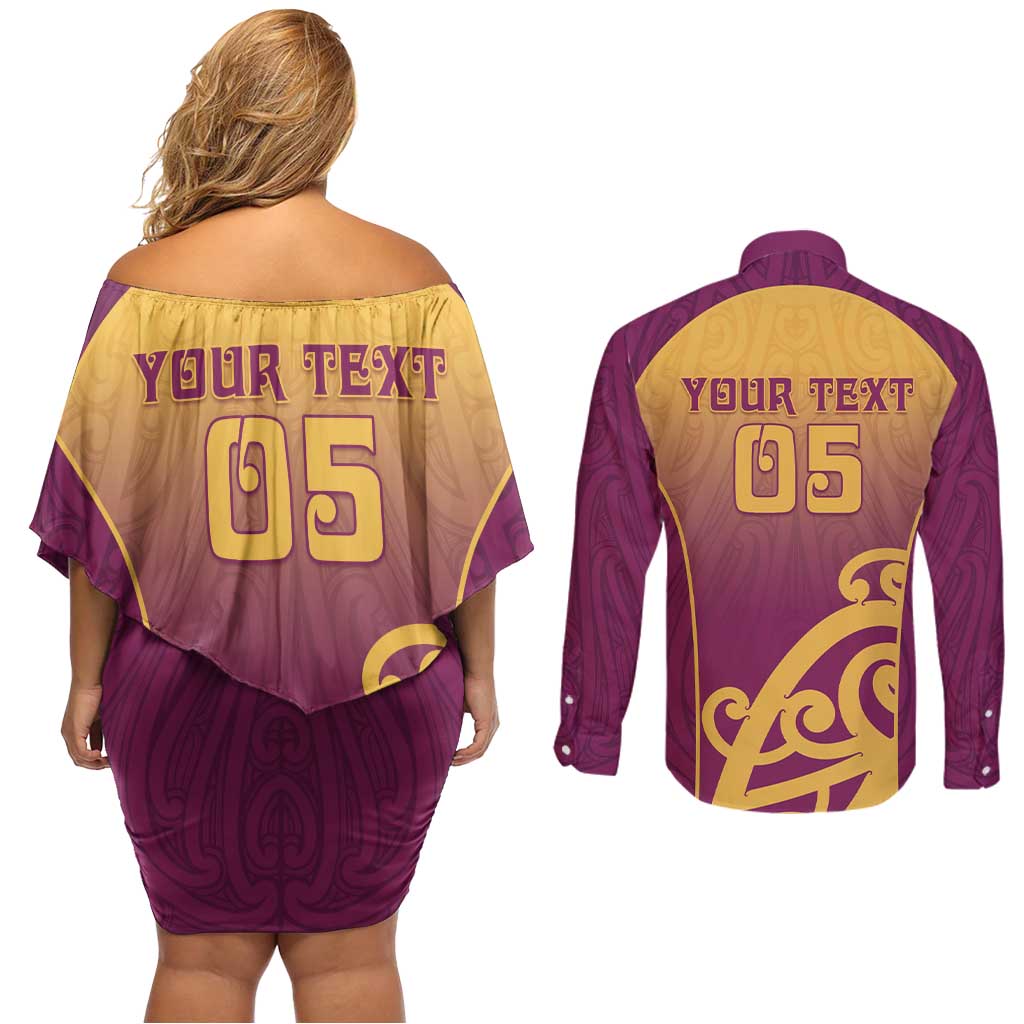 Custom Waiuku College Couples Matching Off Shoulder Short Dress and Long Sleeve Button Shirt Maori Koru Pattern LT05 - Polynesian Pride