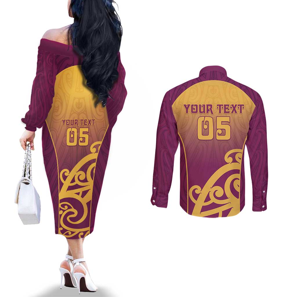 Custom Waiuku College Couples Matching Off The Shoulder Long Sleeve Dress and Long Sleeve Button Shirt Maori Koru Pattern LT05 - Polynesian Pride