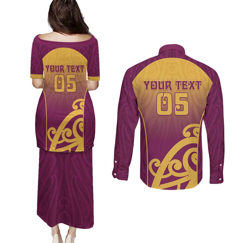 Custom Waiuku College Couples Matching Puletasi and Long Sleeve Button Shirt Maori Koru Pattern LT05 - Polynesian Pride