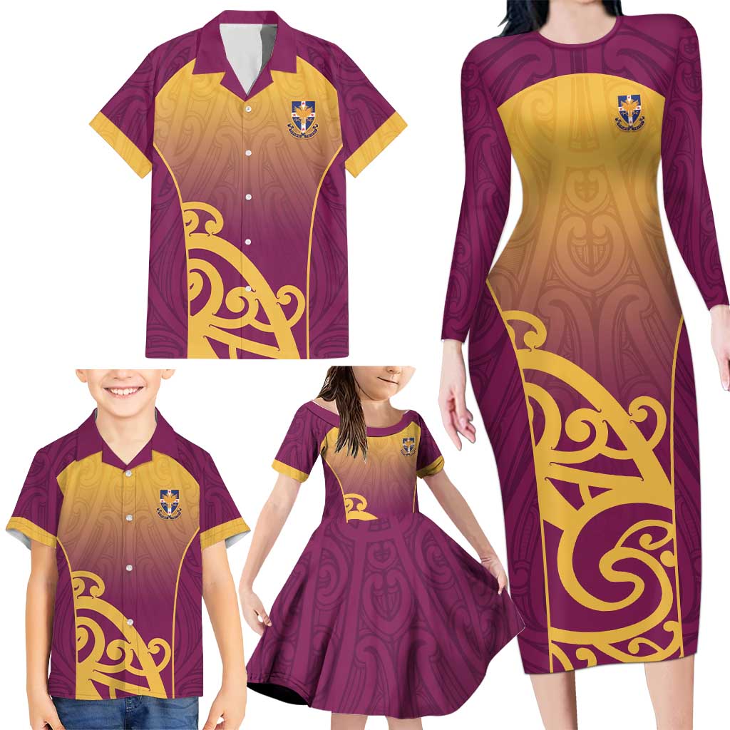 Custom Waiuku College Family Matching Long Sleeve Bodycon Dress and Hawaiian Shirt Maori Koru Pattern