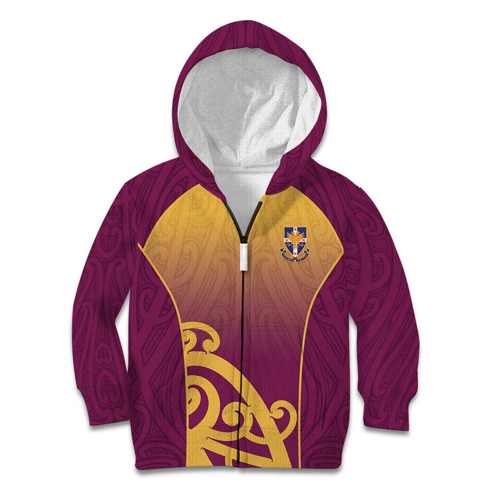 Custom Waiuku College Kid Hoodie Maori Koru Pattern LT05 Zip Hoodie Maroon - Polynesian Pride