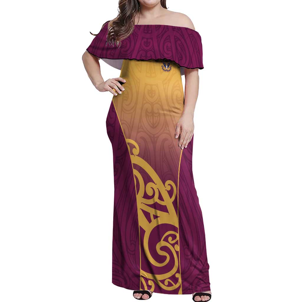 Custom Waiuku College Off Shoulder Maxi Dress Maori Koru Pattern