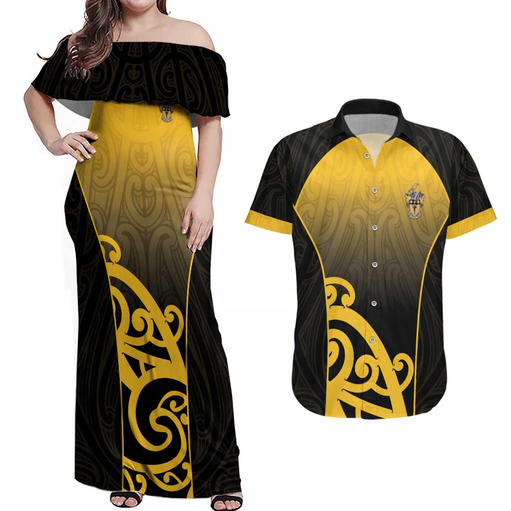 Custom Motueka High School Couples Matching Off Shoulder Maxi Dress and Hawaiian Shirt Maori Koru Pattern