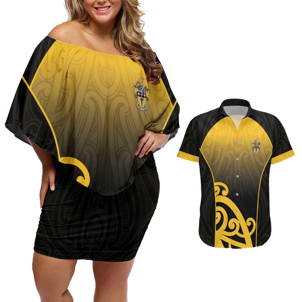 Custom Motueka High School Couples Matching Off Shoulder Short Dress and Hawaiian Shirt Maori Koru Pattern