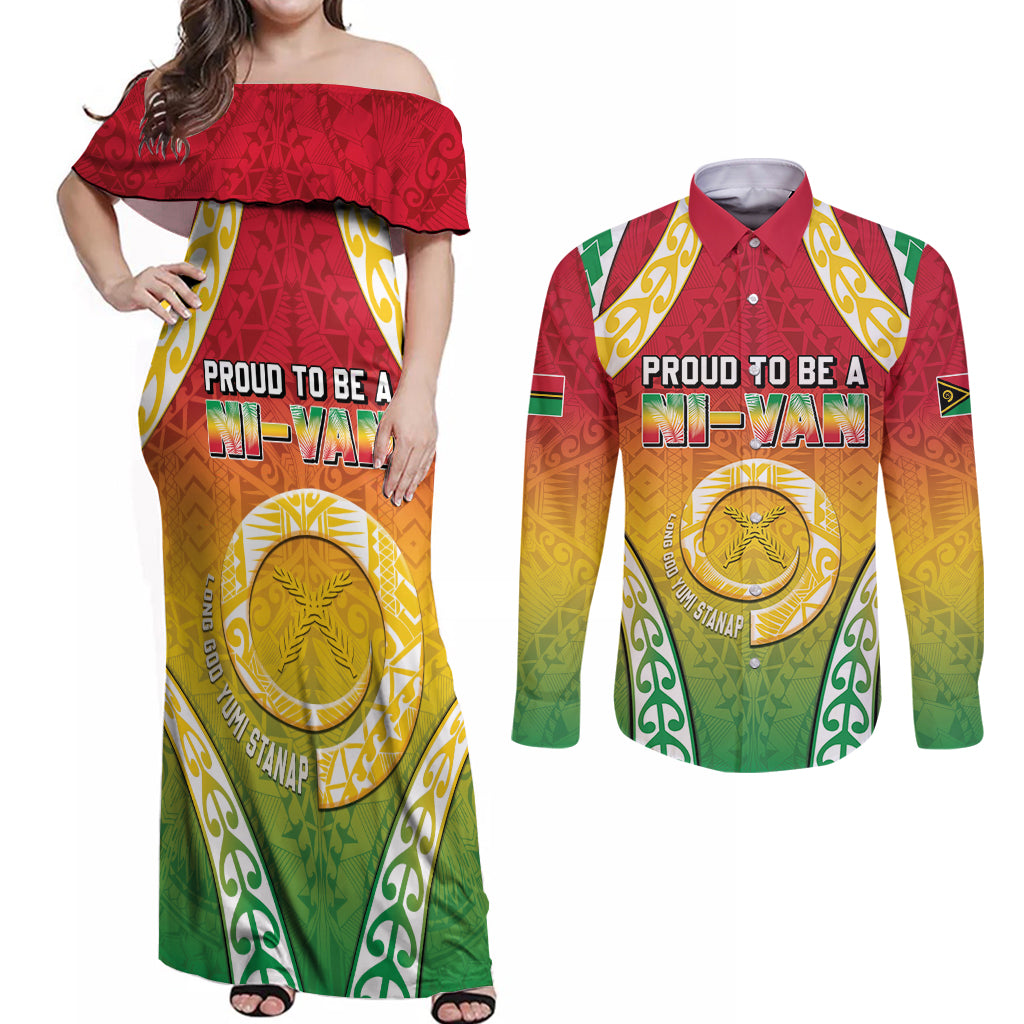 Personalised Vanuatu Couples Matching Off Shoulder Maxi Dress and Long Sleeve Button Shirt Proud To Be A Ni-Van With Tribal Pattern