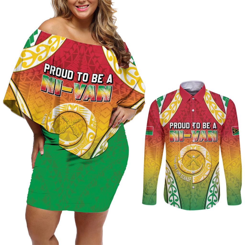 Personalised Vanuatu Couples Matching Off Shoulder Short Dress and Long Sleeve Button Shirt Proud To Be A Ni-Van With Tribal Pattern