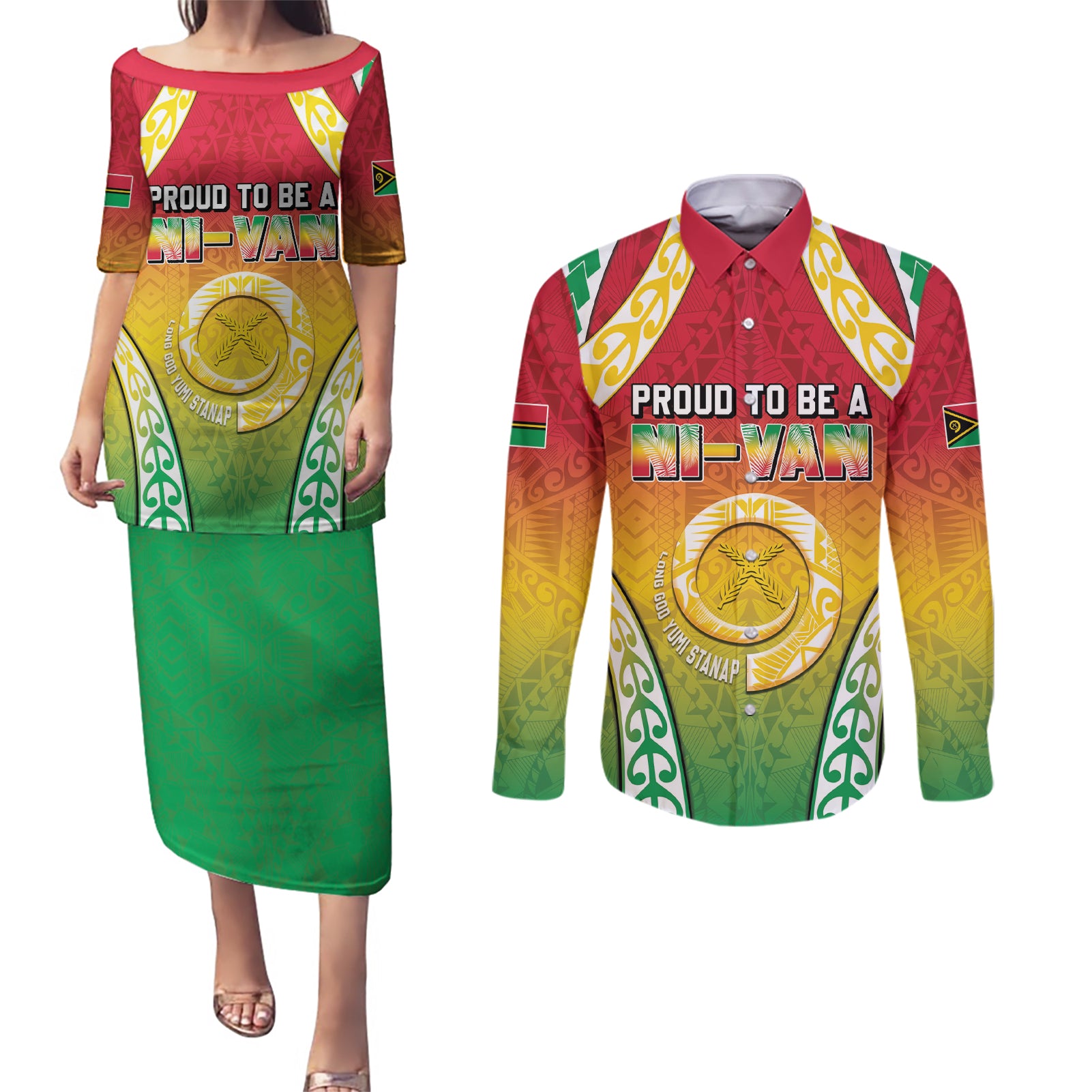 Personalised Vanuatu Couples Matching Puletasi and Long Sleeve Button Shirt Proud To Be A Ni-Van With Tribal Pattern