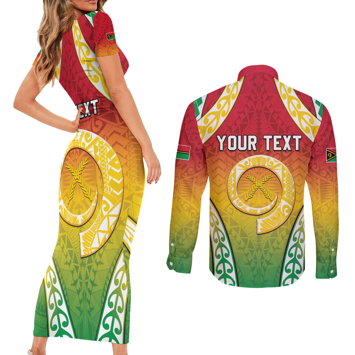 Personalised Vanuatu Couples Matching Short Sleeve Bodycon Dress and Long Sleeve Button Shirt Proud To Be A Ni-Van With Tribal Pattern
