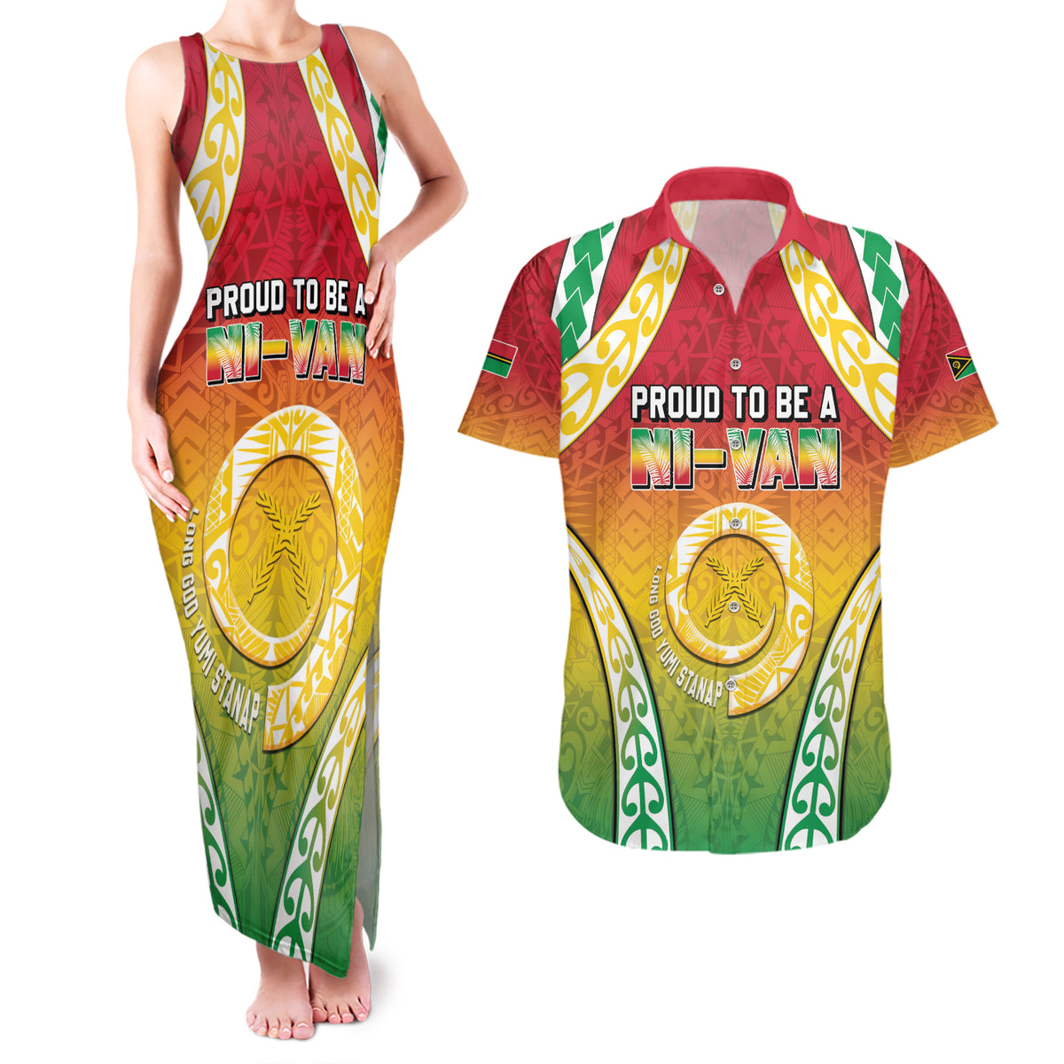 Personalised Vanuatu Couples Matching Tank Maxi Dress and Hawaiian Shirt Proud To Be A Ni-Van With Tribal Pattern