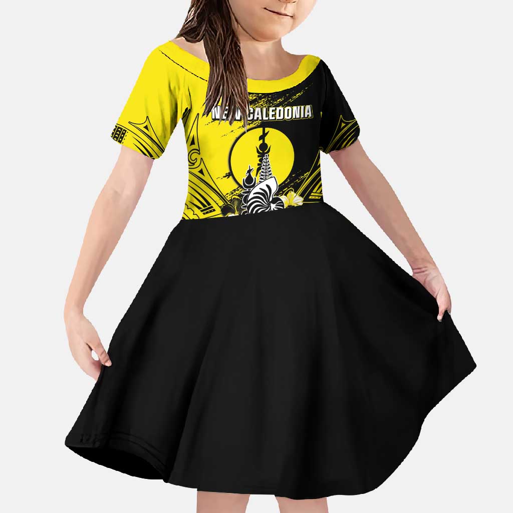 Personalised New Caledonia Day Family Matching Mermaid Dress and Hawaiian Shirt Kanaky Flag Coat Of Arms Polynesian Pattern LT05 Daughter's Dress Yellow - Polynesian Pride