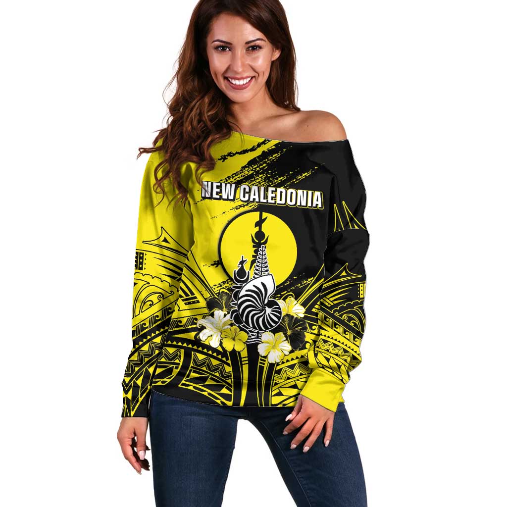 Personalised New Caledonia Day Off Shoulder Sweater Kanaky Flag Coat Of Arms Polynesian Pattern LT05 Women Yellow - Polynesian Pride