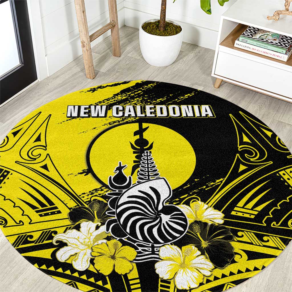 New Caledonia Day Round Carpet Kanaky Flag Coat Of Arms Polynesian Pattern LT05 Yellow - Polynesian Pride