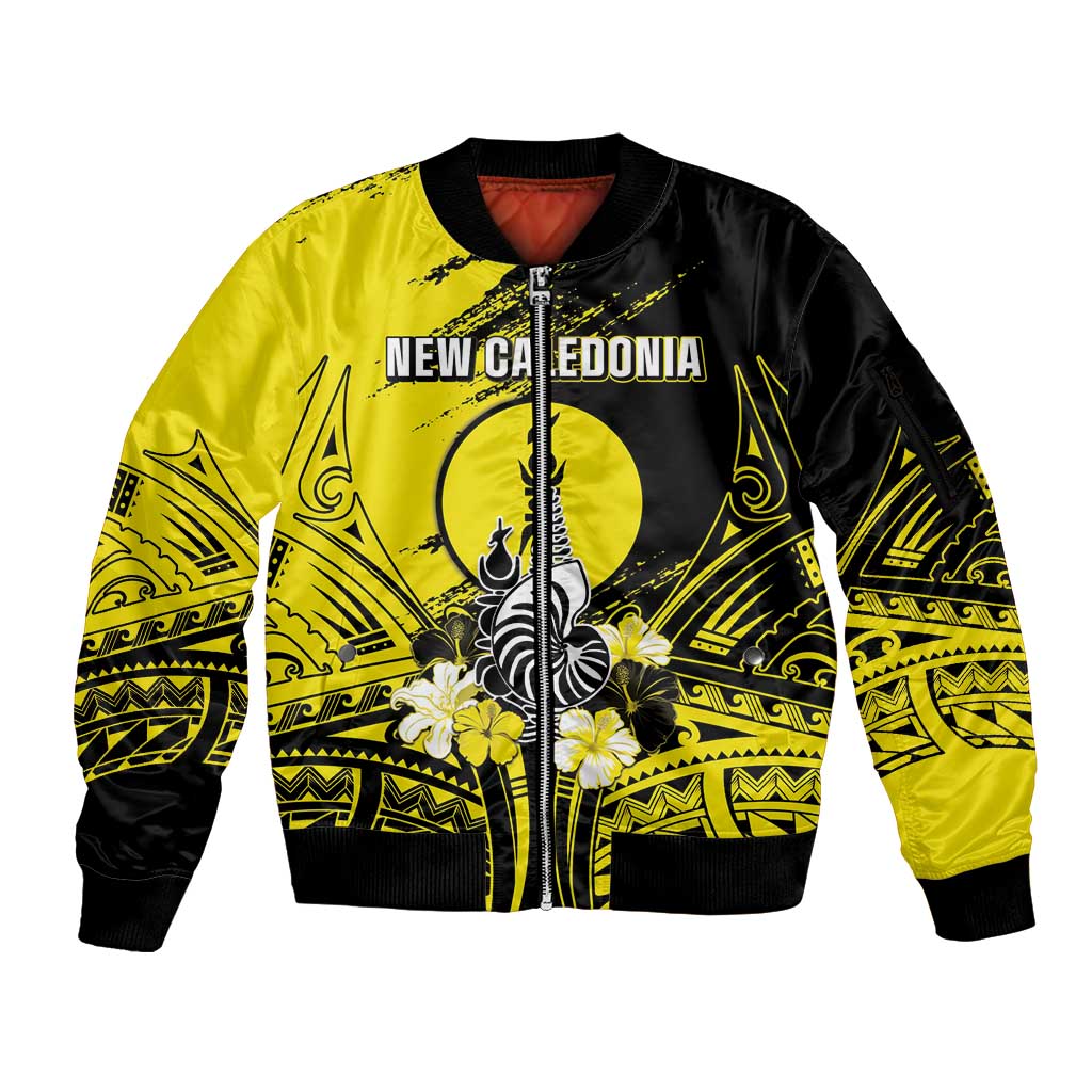 Personalised New Caledonia Day Sleeve Zip Bomber Jacket Kanaky Flag Coat Of Arms Polynesian Pattern LT05 Unisex Yellow - Polynesian Pride