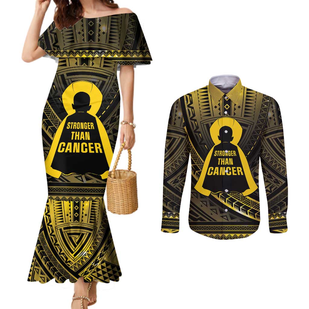 Personalised Polynesia Childhood Cancer Awareness Couples Matching Mermaid Dress and Long Sleeve Button Shirt You Are Stronger Than Cancer LT05 Black - Polynesian Pride