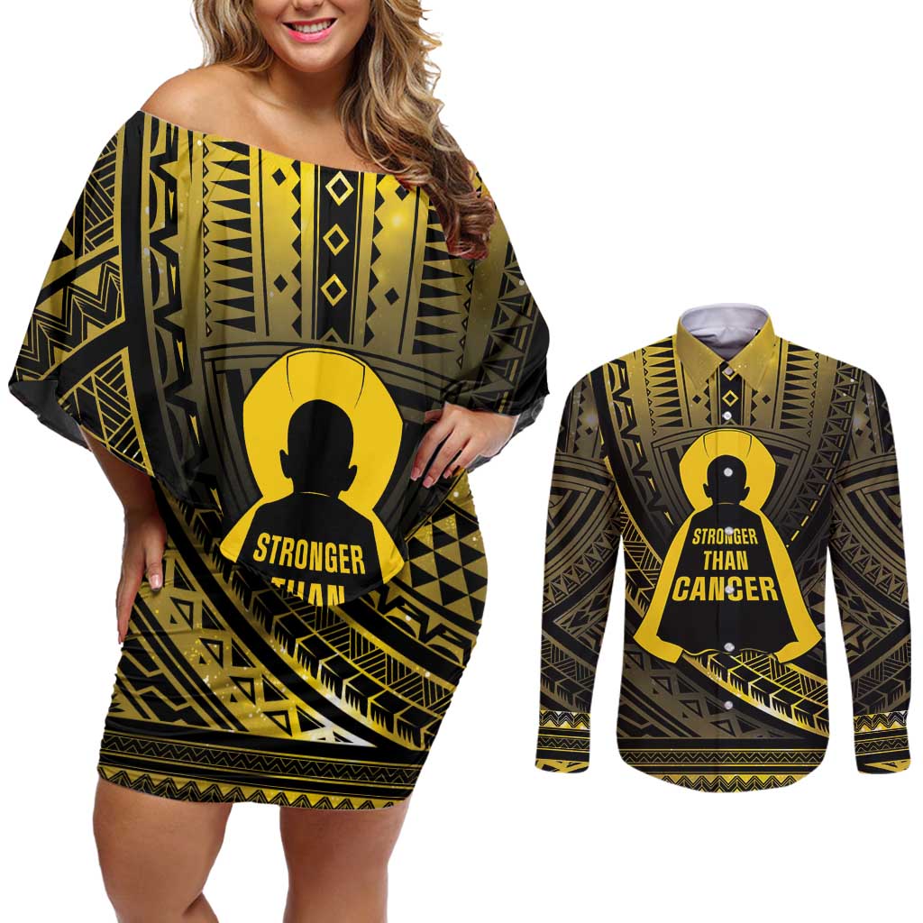 Personalised Polynesia Childhood Cancer Awareness Couples Matching Off Shoulder Short Dress and Long Sleeve Button Shirt You Are Stronger Than Cancer