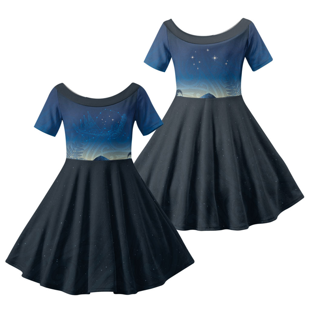 New Zealand Matariki Family Matching Off Shoulder Maxi Dress and Hawaiian Shirt Maori Waka With Silver Fern LT05 Daughter's Dress Navy - Polynesian Pride