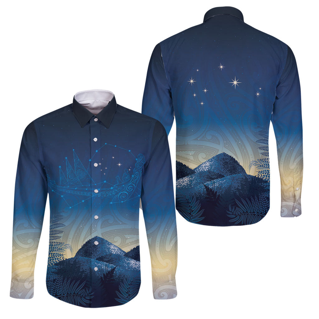 New Zealand Matariki Family Matching Off Shoulder Short Dress and Hawaiian Shirt Maori Waka With Silver Fern LT05 Dad's Shirt - Long Sleeve Navy - Polynesian Pride