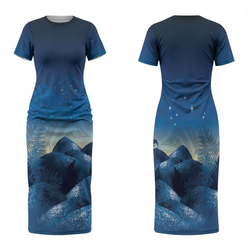 New Zealand Matariki Family Matching Short Sleeve Bodycon Dress and Hawaiian Shirt Maori Waka With Silver Fern LT05 Mom's Dress Navy - Polynesian Pride