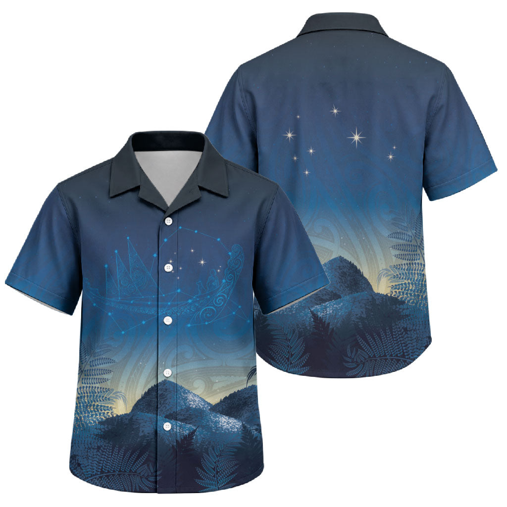 New Zealand Matariki Family Matching Summer Maxi Dress and Hawaiian Shirt Maori Waka With Silver Fern LT05 Son's Shirt Navy - Polynesian Pride