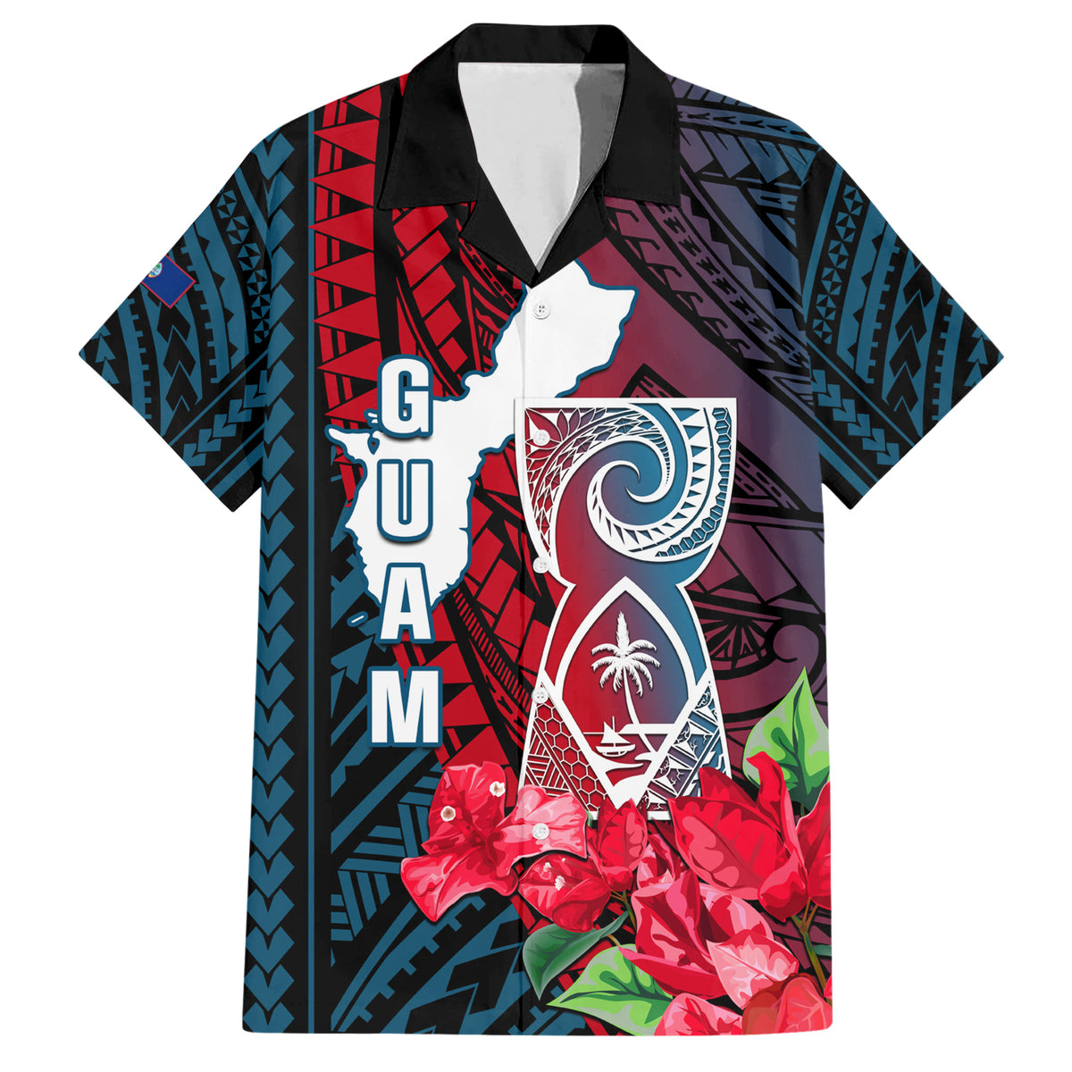 Guam Hawaiian Shirt Latte Stone Mix Bougainvillea Polynesian Pattern LT05 Blue - Polynesian Pride