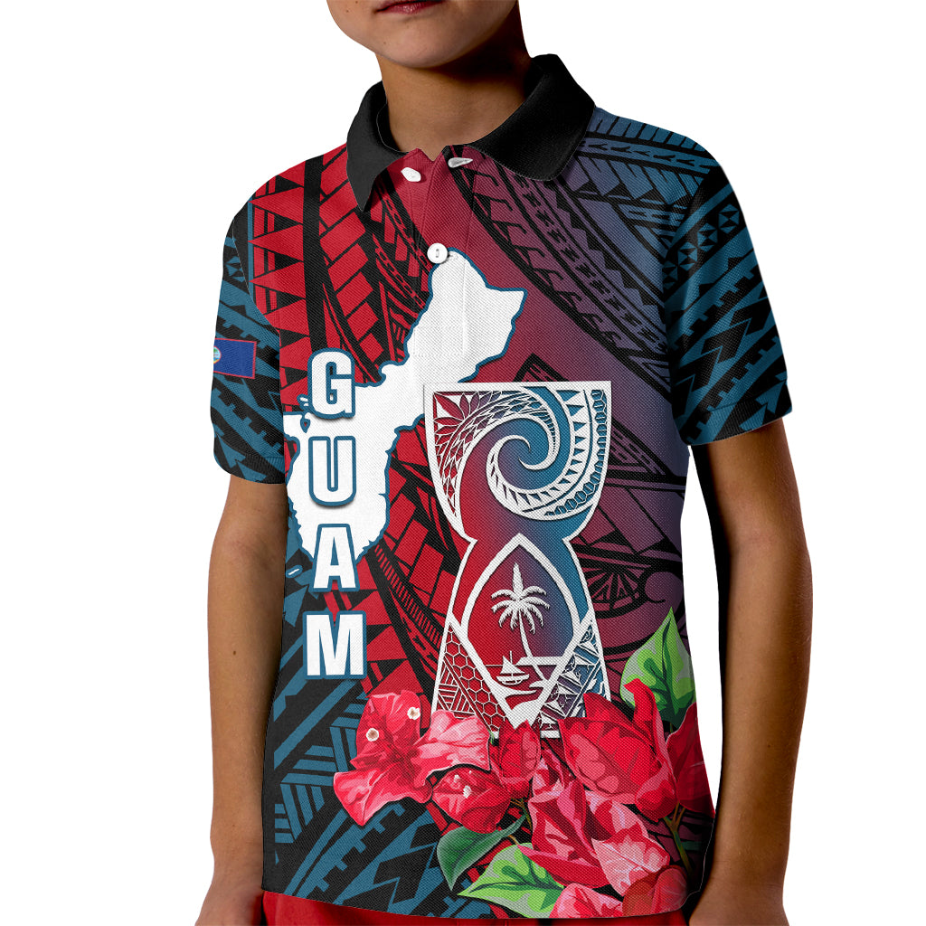 Guam Kid Polo Shirt Latte Stone Mix Bougainvillea Polynesian Pattern LT05 Kid Blue - Polynesian Pride