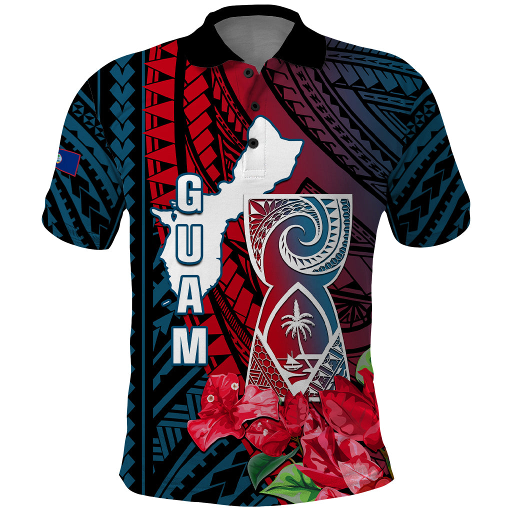 Guam Polo Shirt Latte Stone Mix Bougainvillea Polynesian Pattern LT05 Blue - Polynesian Pride