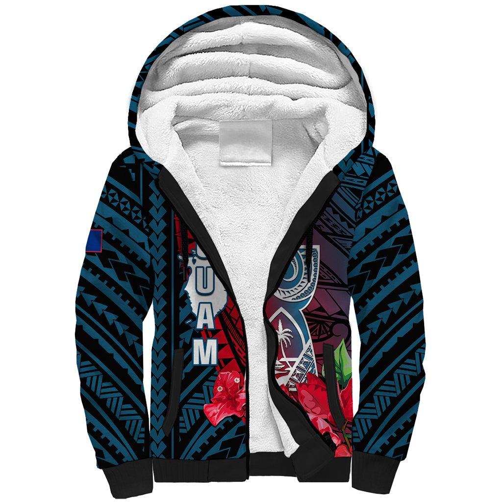 Guam Sherpa Hoodie Latte Stone Mix Bougainvillea Polynesian Pattern LT05 Unisex Blue - Polynesian Pride