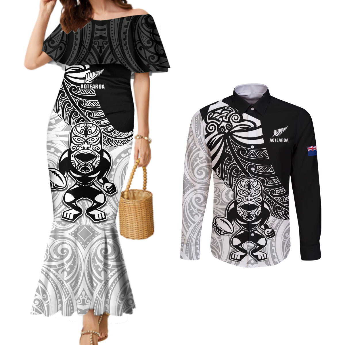 New Zealand Silver Fern Rugby Couples Matching Mermaid Dress and Long Sleeve Button Shirts World Cup 2023 Go Aotearoa Maori Pattern LT05 Black - Polynesian Pride