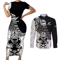 New Zealand Silver Fern Rugby Couples Matching Short Sleeve Bodycon Dress and Long Sleeve Button Shirts World Cup 2023 Go Aotearoa Maori Pattern LT05 Black - Polynesian Pride