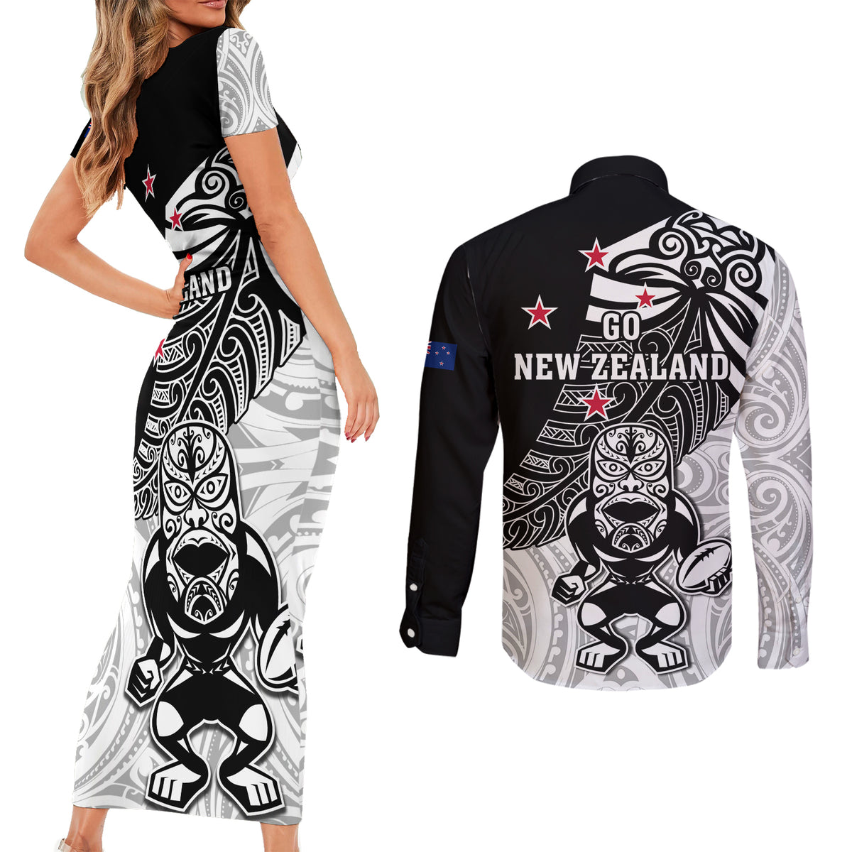 New Zealand Silver Fern Rugby Couples Matching Short Sleeve Bodycon Dress and Long Sleeve Button Shirts World Cup 2023 Go Aotearoa Maori Pattern LT05 - Polynesian Pride