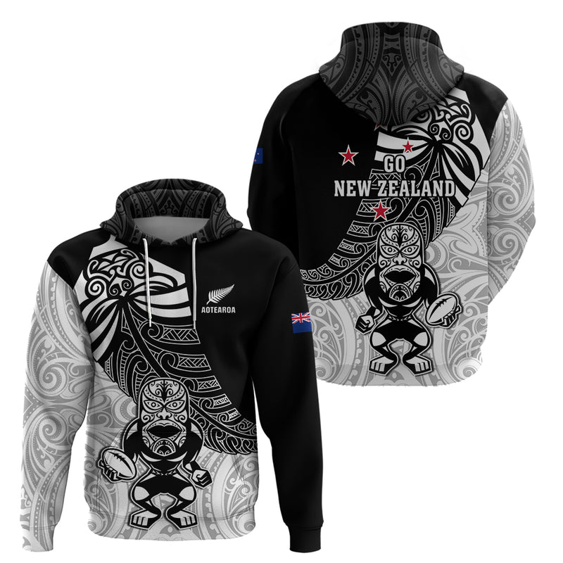 Custom New Zealand Aotearoa Rugby Kid Hoodie NZ Tiki With Maori Fern World Cup Black Version LT14