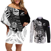 Custom New Zealand Fern Rugby Couples Matching Off Shoulder Short Dress and Long Sleeve Button Shirts World Cup 2023 Go Aotearoa Maori Pattern LT05 Black - Polynesian Pride