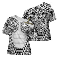 Polynesian Tattoo Inspired Cosplay Costume Cross Shoulder Shirt Tribal Warrior White - Polynesian Pride