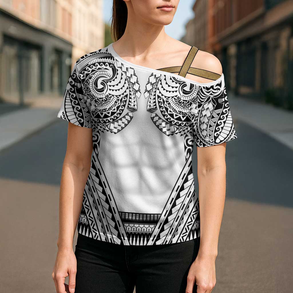 Polynesian Tattoo Inspired Cosplay Costume Cross Shoulder Shirt Tribal Warrior White - Polynesian Pride